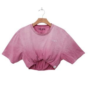 SEROYA Cazzie Top Womens Small Rose Cropped Gathered Hem Cotton Short Sleeve